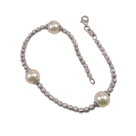 Sterling Silver Bead Ball Faux Pearl Chain Link Bracelet 7" 8mm - Picture 2 of 5